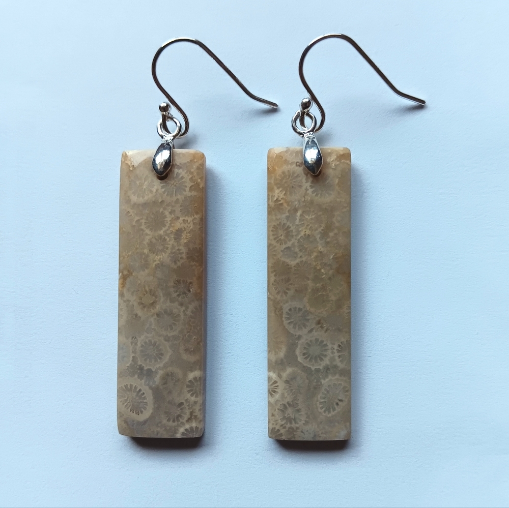 Fossil Coral Gemstone Earrings with 925 Sterling Silver Findings
